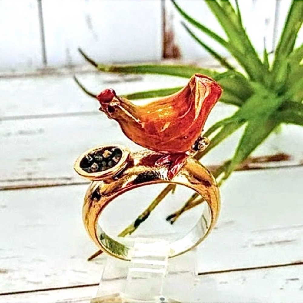 Artisan Hand Painted Enamel Sterling Silver Chicken Ring